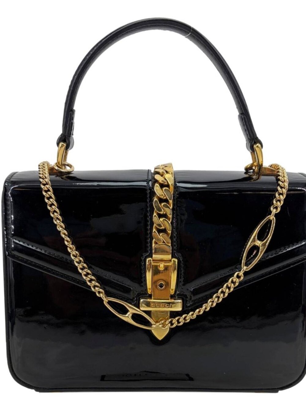 Gucci Sylvie 1969 Mini Patent Leather Top Handle Shoulder Bag Black 589479
